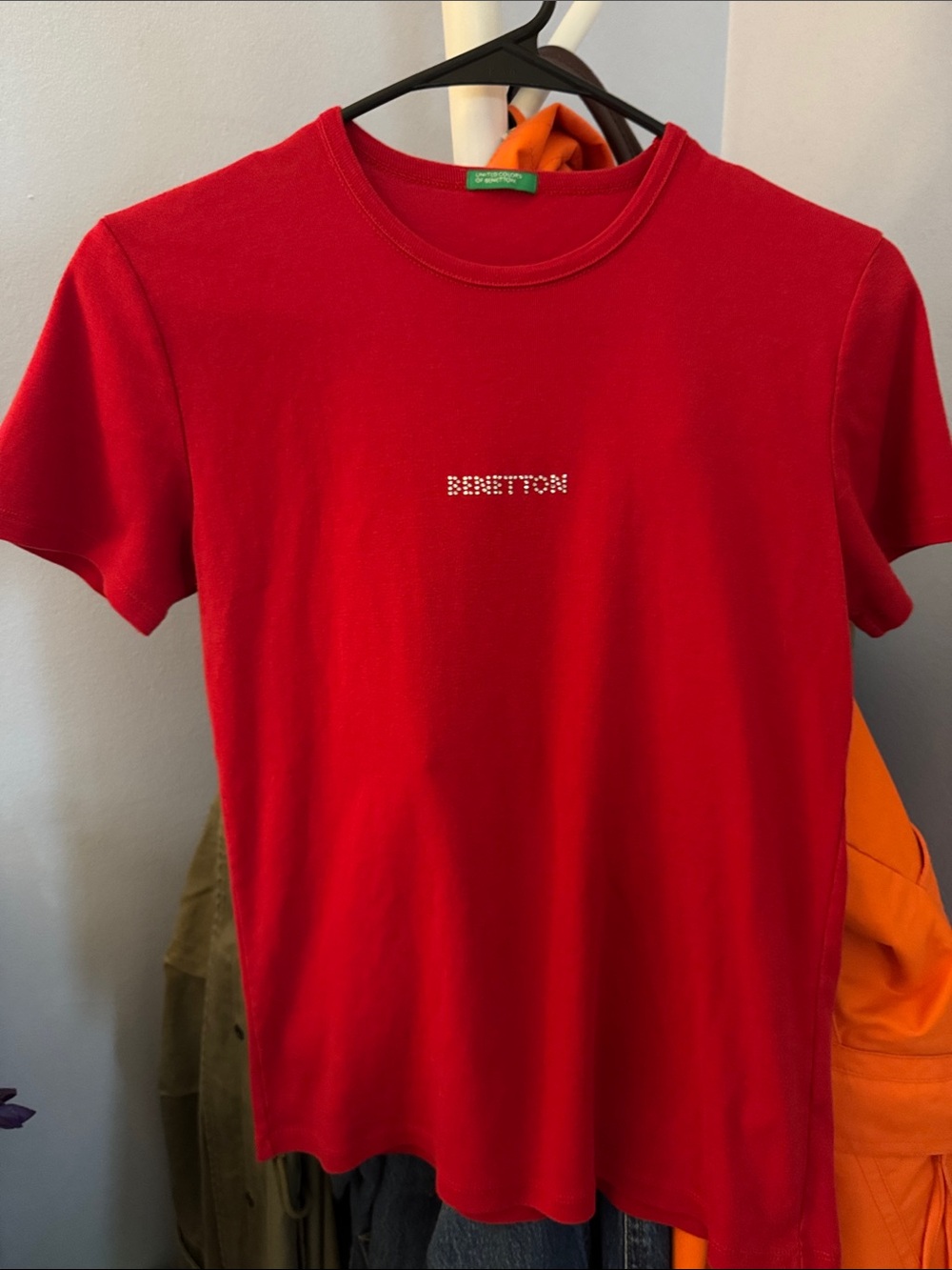 United Colors Of Benetton Red Crewneck Short Sleeve Tee with Rhinestone Logo